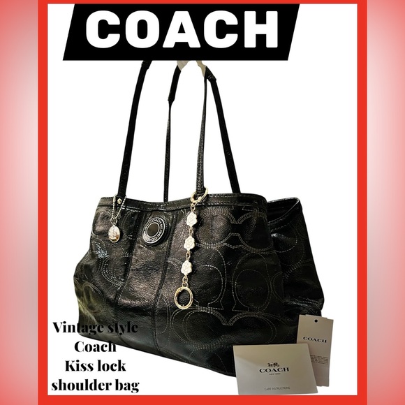 Vintage style COACH soho shoulder bag kisslock Black Leather Tote handbag - Picture 5 of 17